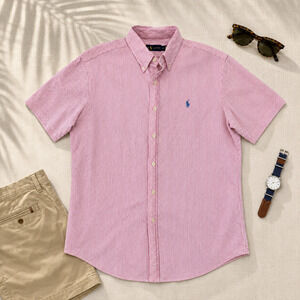 Polo Ralph Lauren M RL Untucked Fit Pink White Stripe Seersucker Short Sleeve